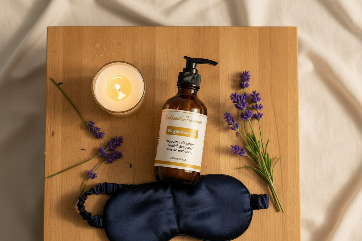 Magnesium gel on nightstand with sleep accessories